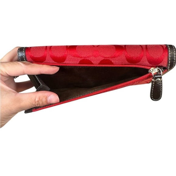 Coach Signature Red Long Wallet & Checkbook Jacquard and Dark Brown Leather trim - Picture 3 of 8